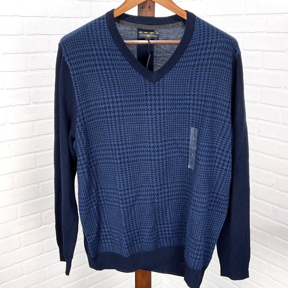 Club Room Sweater Mens Large Blue Black Houndstooth Classic Merino Wool NWT